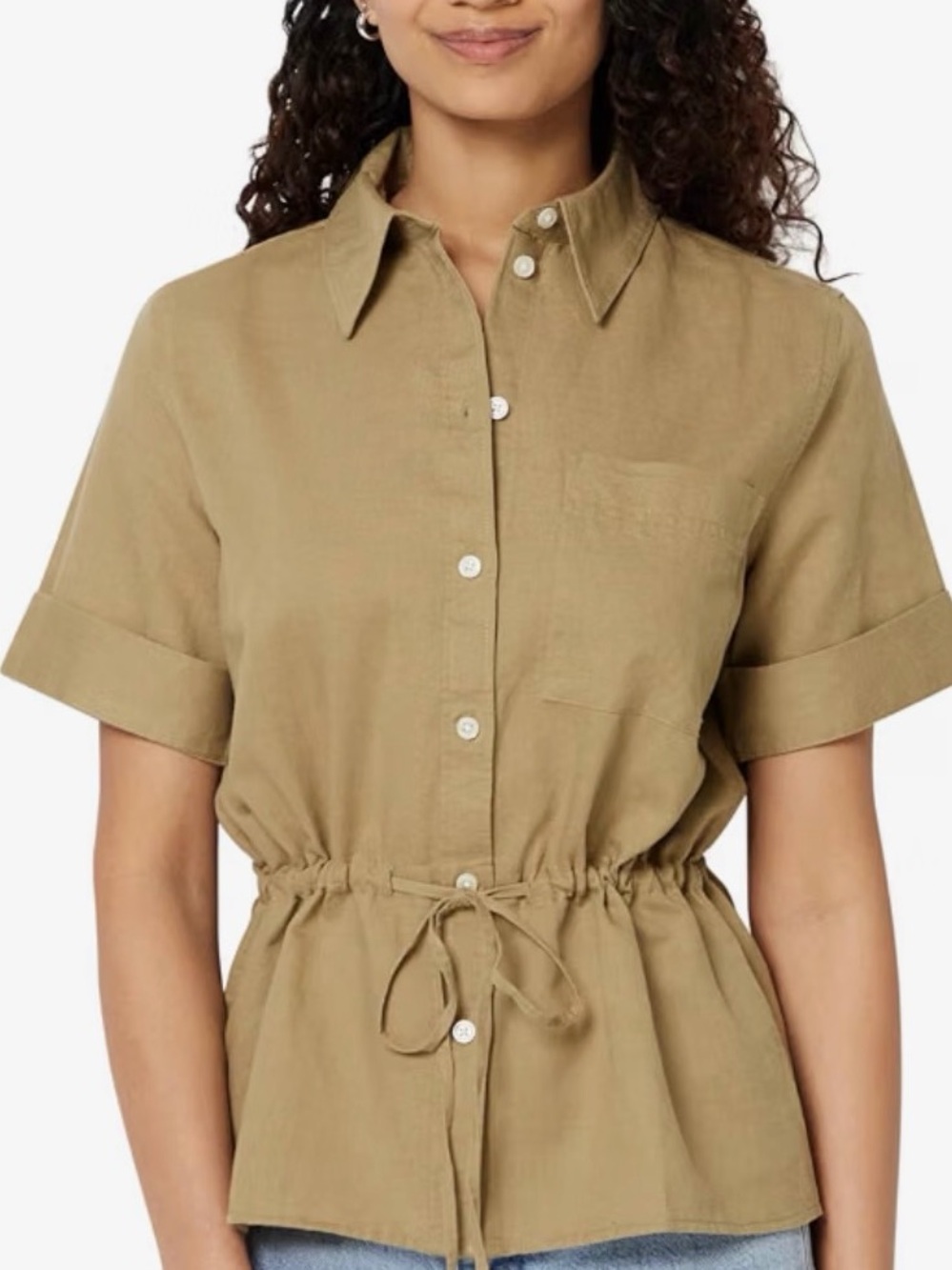 Women’s Drawstring Waist Short-Sleeve Button-Front Shirt - Tan - Only worn once!